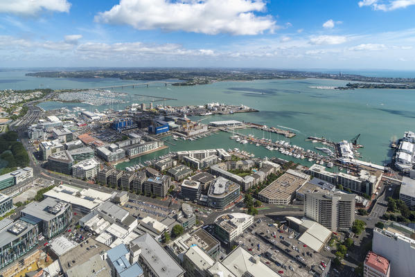 View of the city harbour and bridge  from Sky Tower. Auckland City, Auckland region, North Island, New Zealand.