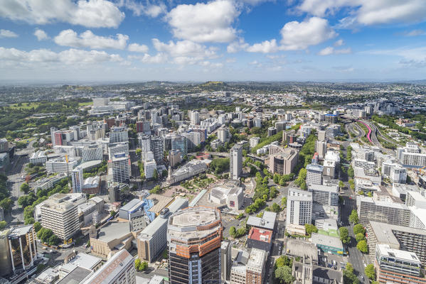 Cityscape looking southward from Sky Tower, with Mt Eden summit in the background. Auckland City, Auckland region, North Island, New Zealand.