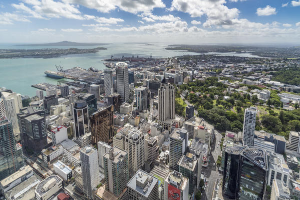 View of the city harbour and Devonport from Sky Tower. Auckland City, Auckland region, North Island, New Zealand.