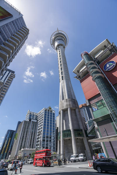 View of Sky Tower and Sky City buildings from the street.  Auckland City, Auckland region, North Island, New Zealand.