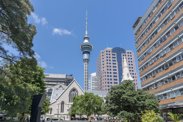 St Patrick's Cathedral, Sky Tower and surrounding buildings. Auckland City, Auckland Region, North Island, New Zealand.