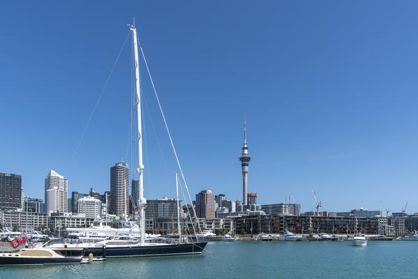 Sailing boat in Viaduct Basin and Auckland CBD in the background. Auckland City, Auckland region, North Island, New Zealand.