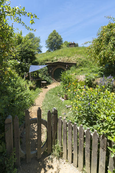 Hobbit house with wooden gate and fence. Hobbiton Movie Set, Matamata, Waikato region, North Island, New Zealand.