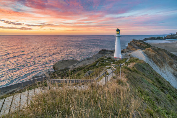 Castlepoint lighthouse at dawn. Castlepoint, Wairarapa region, North Island, New Zealand.