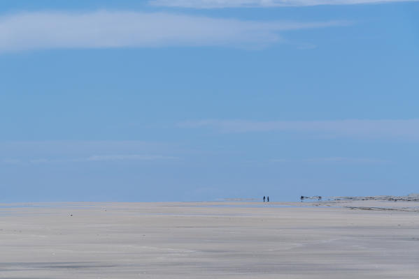 People walking on the sand of Farewell Spit Nature Reserve. Puponga, Tasman district, South Island, New Zealand.