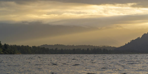 Lake Mapourika at sunset. Waiho, Westland district, West Coast region, South Island, New Zealand.