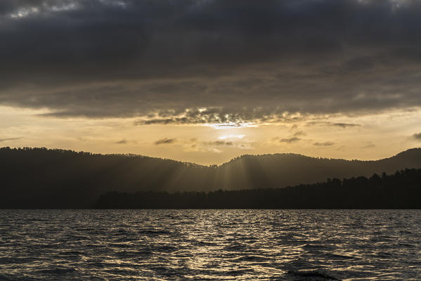 Lake Mapourika at sunset. Waiho, Westland district, West Coast region, South Island, New Zealand.