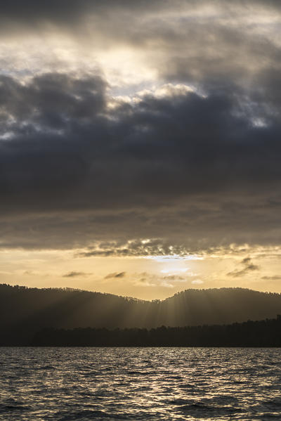 Lake Mapourika at sunset. Waiho, Westland district, West Coast region, South Island, New Zealand.