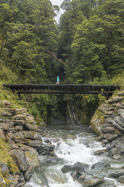 Person walking on a bridge over a creek near Haast Pass. Mount Aspiring National Park, West Coast region, South Island, New Zealand.