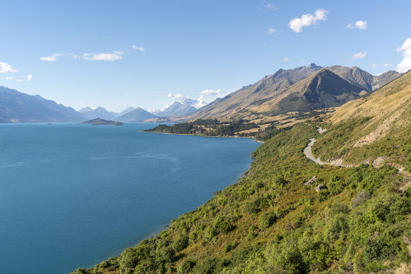 View from Bennets Bluff lookout with the Glenorchy-Queenstown road. Mount Creighton, Queenstown Lakes district, Otago region, South Island, New Zealand.