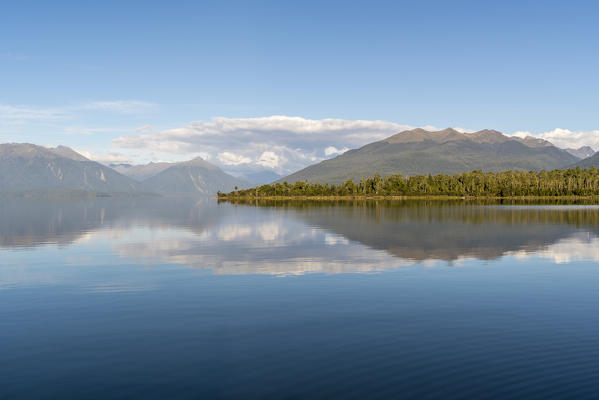 Lake Te Anau and Fiordland National Park mountains from Te Anau Downs, Southland region, South Island, New Zealand.