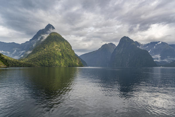 Milford Sound on a cloudy summer day. Fiordland NP, Southland district, Southland region, South Island, New Zealand.