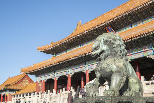 Bronze lion statue at the entrance of the Gate of Supreme Harmony, in the Forbidden City. Beijing, People's Republic of China.