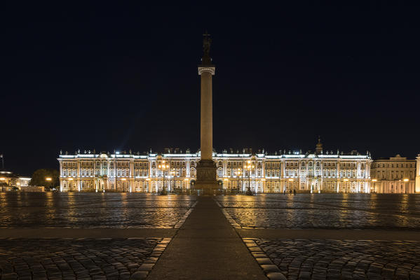 Winter Palace and Alexander column in Palace square at night. Saint Petersburg, Russia.