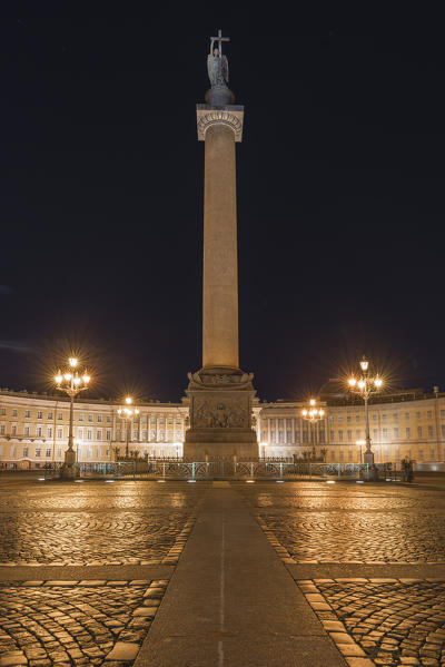 General Staff Building and Alexander column in Palace square at night. Saint Petersburg, Russia.