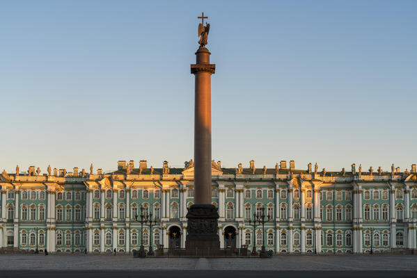 Winter Palace and Alexander column in Palace square at dawn. Saint Petersburg, Russia.