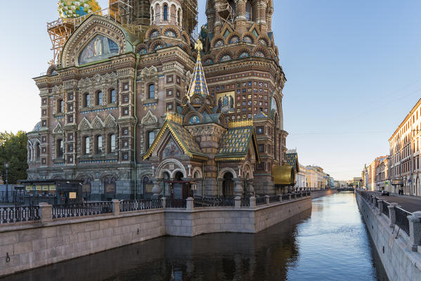 Church of the Savior on Spilled Blood and Griboyedov Canal in the morning. Saint Petersburg, Russia.