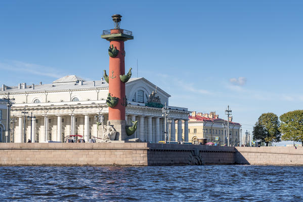 Stock Exchange building and rostral cloumn on the Spit of Vasilievsky Island. Saint Petersburg, Russia.