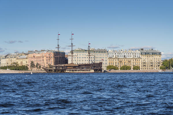Old nautical vessel on Neva River. Saint Petersburg, Russia.