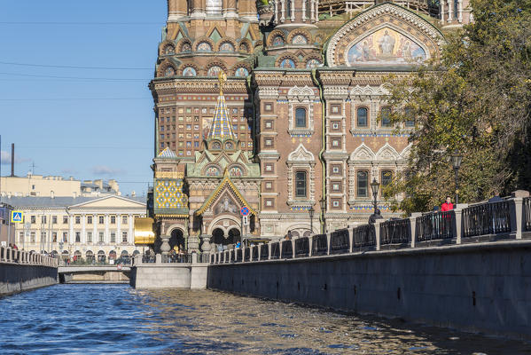 Close up of Griboyedov Canal and the Church of the Saviour of Spilled Blood. Saint Petersburg, Russia.