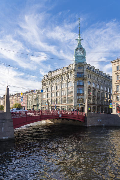 The Red Bridge on Moika river. Saint Petersburg, Russia.