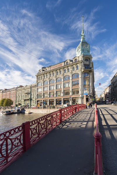 The Red Bridge on Moika river. Saint Petersburg, Russia.