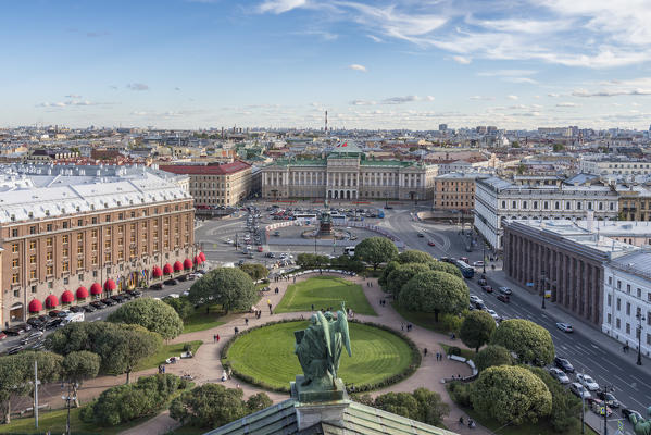 Statue of Saint Isaac's Cathedral with its square and Mariinsky Palace in the background. Saint Petersburg, Russia.