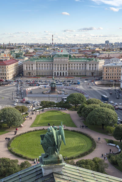 Statue of Saint Isaac's Cathedral with its square and Mariinsky Palace in the background. Saint Petersburg, Russia.