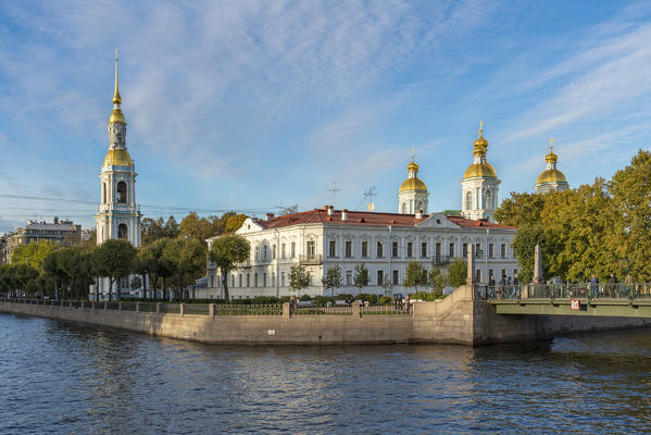 The bell tower and domes of Saint Nicholas Naval Cathedral on Griboyedov Canal. Saint Petersburg, Russia.