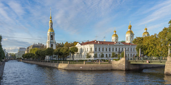 The bell tower and domes of Saint Nicholas Naval Cathedral on Griboyedov Canal. Saint Petersburg, Russia.