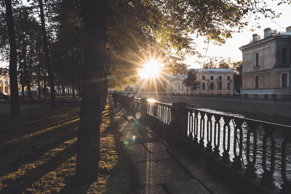 Last rays of light over Griboyedov Canal. Saint Petersburg, Russia.