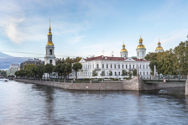The bell tower and domes of Saint Nicholas Naval Cathedral on Griboyedov Canal. Saint Petersburg, Russia.
