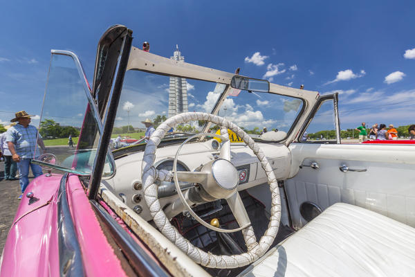 Jose Marti Memorial and  Classic American car interiors in Revolution Square,  Havana Province, Cuba