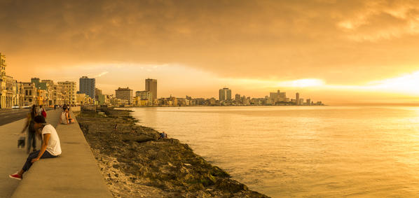 Sunset on the coastal area of Malecon, Old Havana, Havana, Havana Province, Cuba