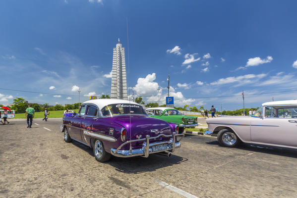 Jose Marti Memorial and  Classic American car in Revolution Square,  Havana Province, Cuba