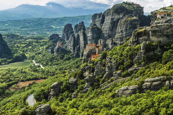 Monastery of Moni Agias Varvaras Roussanou and rocky pinnacles of Meteora, Thessaly, Greece