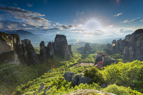 Monastery of Moni Agias Varvaras Roussanou and rocky pinnacles of Meteora, Thessaly, Greece
