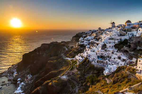 Sunset at the village of Oia in Santorini, Cyclades Islands, Greece