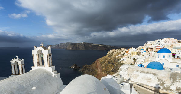 Typical buildings and churches in Oia, Santorini, Cyclades Islands, Greece