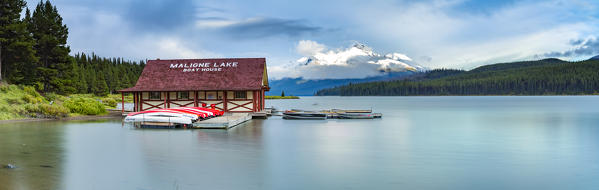 Maligne Lake and historic boathouse in Jasper National Park, Alberta, Canada