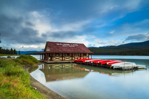 Maligne Lake and historic boathouse in Jasper National Park, Alberta, Canada