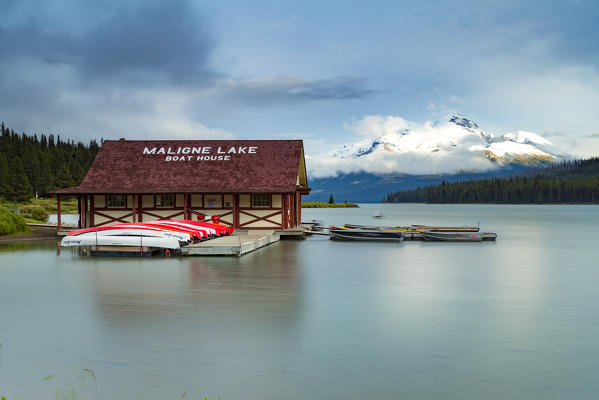 Maligne Lake and historic boathouse in Jasper National Park, Alberta, Canada