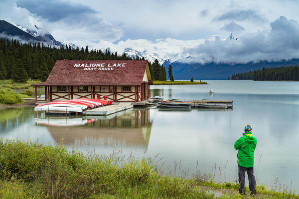 Maligne Lake and historic boathouse in Jasper National Park, Alberta, Canada