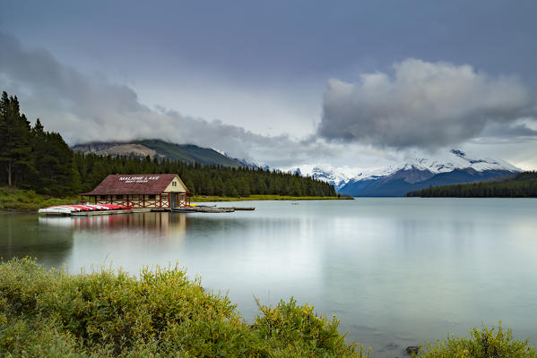 Maligne Lake and historic boathouse in Jasper National Park, Alberta, Canada