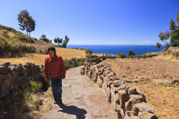 Isla Taquile on the Peruvian side of Lake Titicaca, Peru, South America