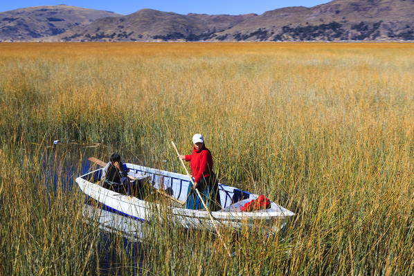Uros floating islands on Lake Titicaca shore, off Puno, Peru, South America