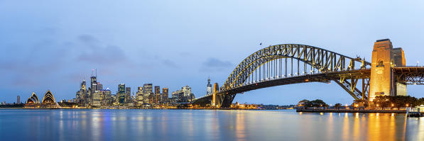 Sydney Harbour Bridge and Opera House at dusk, Sydney, New South Wales, Australia