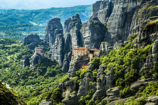 Monastery of Moni Agias Varvaras Roussanou and rocky pinnacles of Meteora, Thessaly, Greece