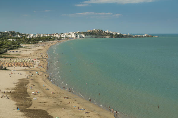 The main beach and old town of Vieste, Gargano, Foggia district, Apulia, Italy