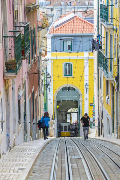 The Ascensor da Bica funicular railway in the Bairro Alto quarter in Lisbon, Portugal